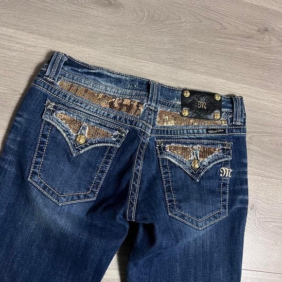 Miss Me Gold Sequin Embellished Flap Pocket Washed Bootcut Denim Jeans - Picture 1 of 8